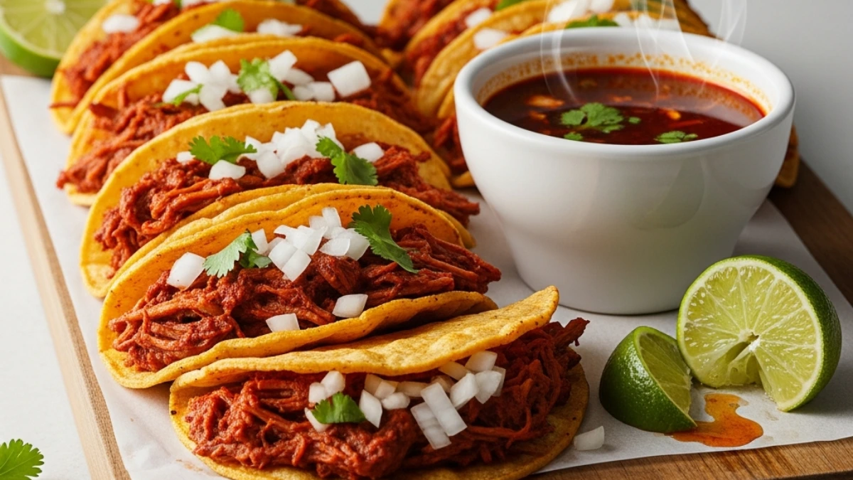Steaming birria tacos filled with tender shredded beef, topped with fresh diced onions and cilantro, served with a side of hot consommé and lime wedges on a wooden board.