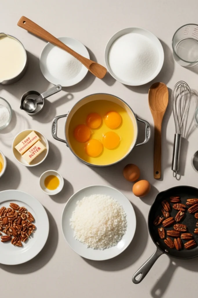 The Ultimate German Chocolate Cake Frosting (Silky, Gooey Perfection) 1 Elegant flat lay of baking ingredients: evaporated milk, granulated sugar, egg yolks, butter, vanilla, shredded coconut, and toasted pecans, arranged for a premium dessert preparation.