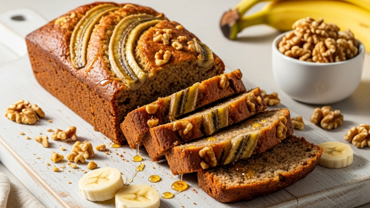 Freshly baked banana nut bread loaf, partially sliced, topped with bananas and walnuts, drizzled with honey on a white board.