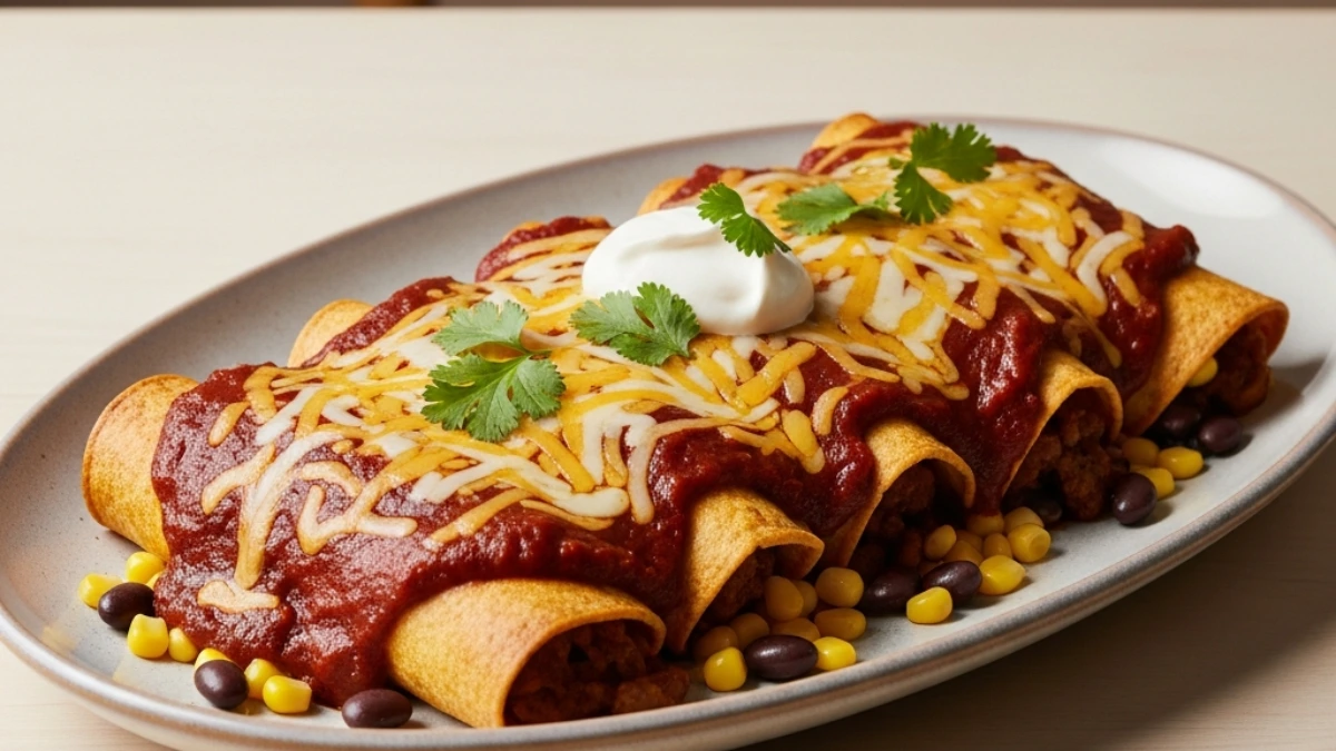 Three hearty beef enchiladas smothered in red sauce, melted cheese, sour cream, & cilantro, with a side of corn & black beans.