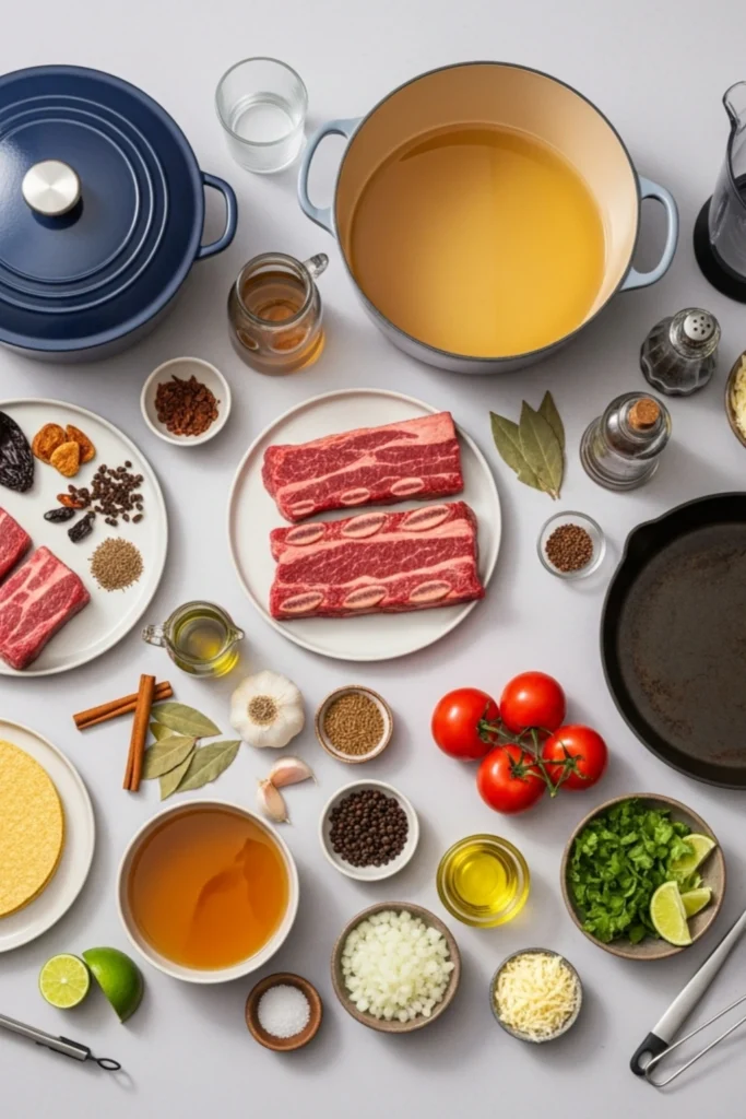 Birria Tacos The Juicy, Cheesy Recipe That'll Ruin Regular Tacos Forever 2 Elegant flat lay of birria taco ingredients: beef chuck & short ribs, dried chiles, spices, fresh produce, tortillas, and cheeses.