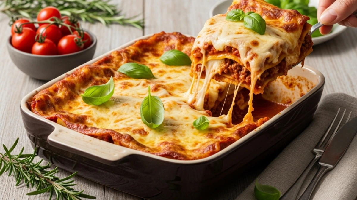 A hand serves a gooey slice of cheesy cheat lasagna from a baking dish, with strings of melted cheese. Fresh basil, cherry tomatoes, and rosemary garnish a rustic wooden table.