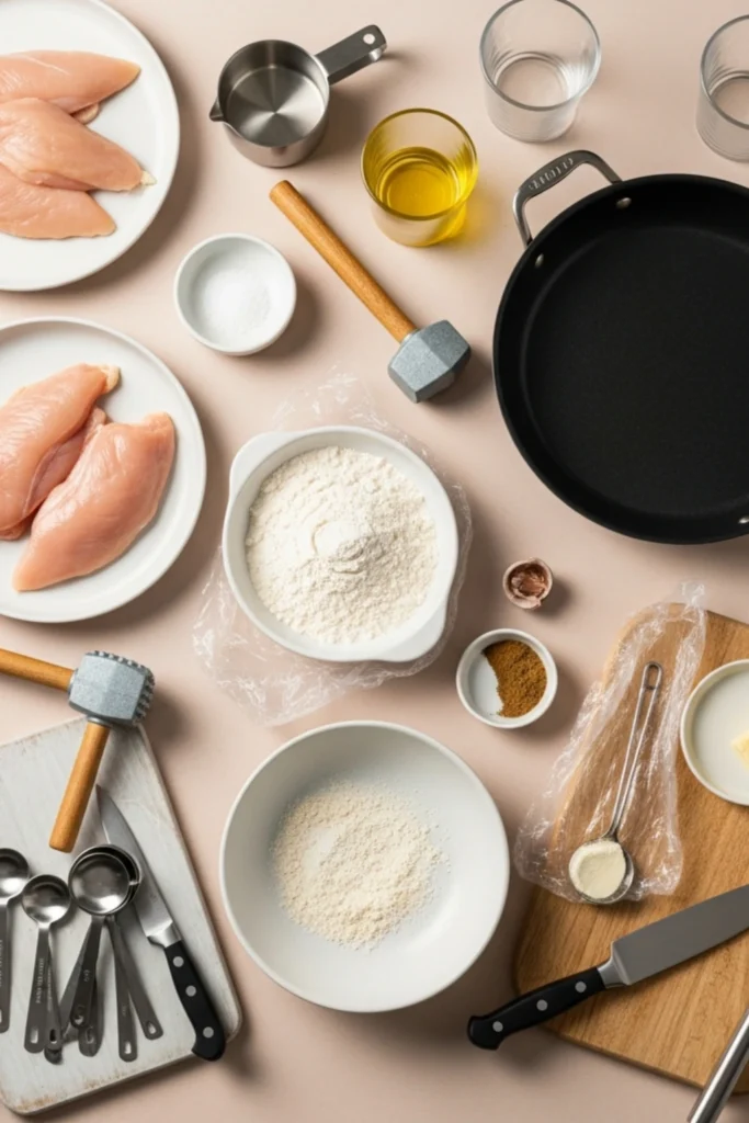 The Ultimate Chicken Piccata Recipe 30-Minute Italian Perfection 2 Elegant flat lay of raw boneless chicken breasts, flour, spices, olive oil, butter, and kitchen tools like a skillet, meat mallet, and measuring spoons, arranged on a soft neutral background, ready for cooking.