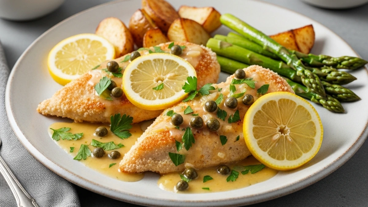 Delicious chicken piccata with lemon-caper sauce, fresh parsley, and lemon slices, served with roasted potatoes and asparagus on a white plate.