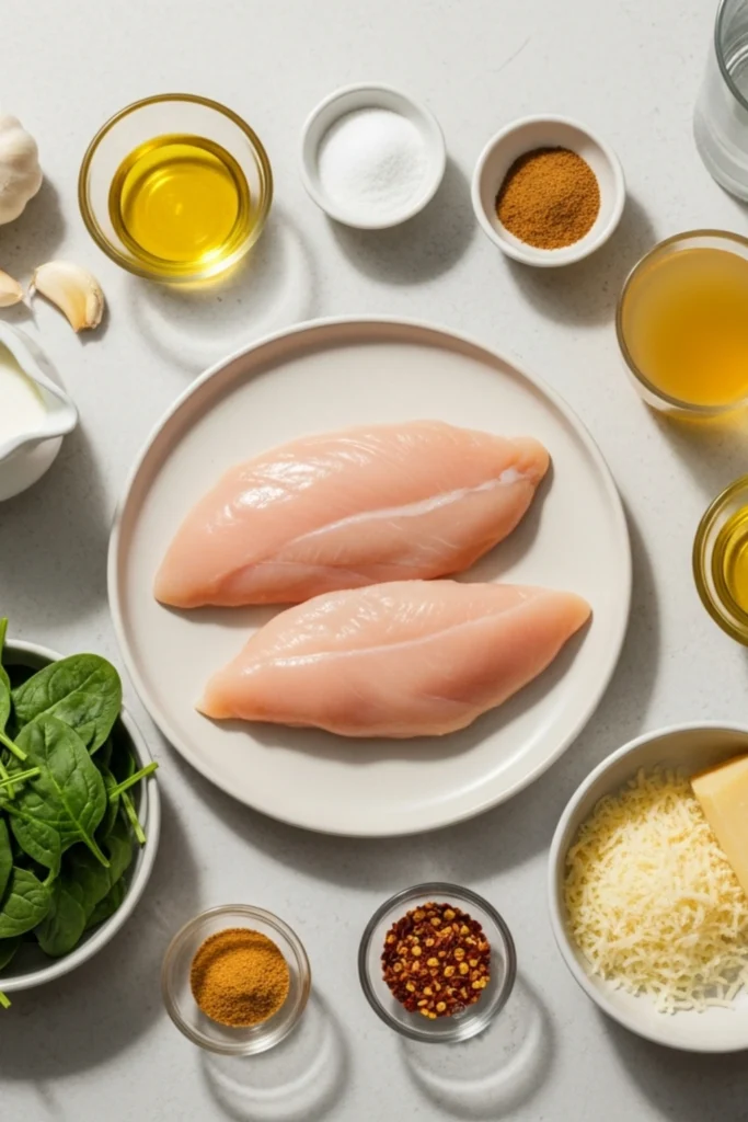 The Ultimate Chicken and Spinach Recipe: 5 Pro Secrets for Restaurant-Quality Results at Home 1 Elegant flat lay of raw boneless chicken breasts surrounded by ingredients: garlic, olive oil, salt, Italian seasoning, cream, broth, Parmesan, spinach, and red pepper flakes on a light background.