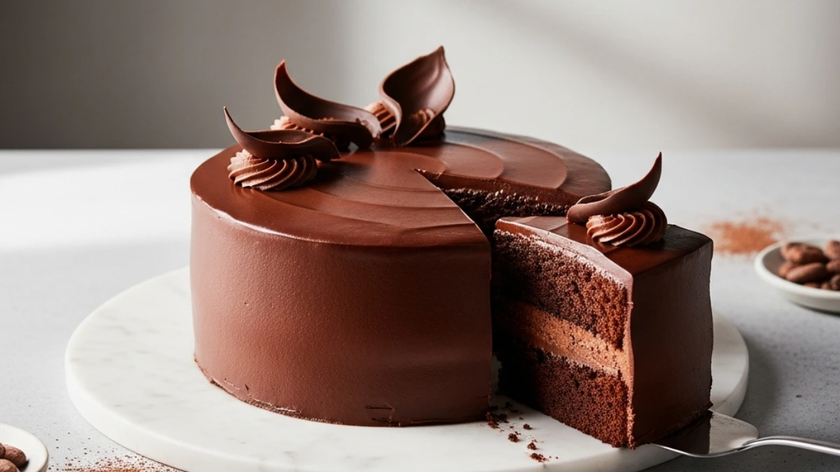 Rich, decadent chocolate cake with smooth ganache frosting, elegant chocolate curls, and a slice removed revealing moist layers and creamy filling, served on a marble stand with cacao beans.
