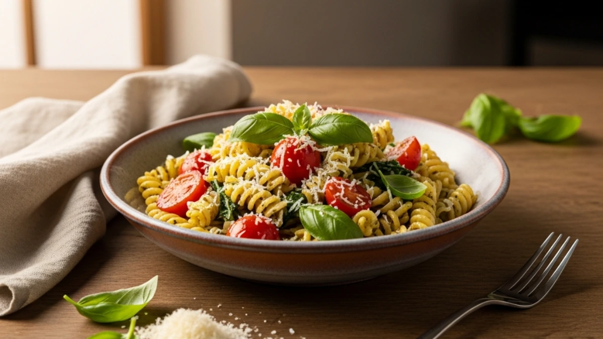 A vibrant bowl of fusilli pasta tossed with fresh pesto, bright red cherry tomatoes, and green basil leaves, sprinkled with parmesan cheese, served on a wooden table with a fork and napkin, illuminated by natural light.