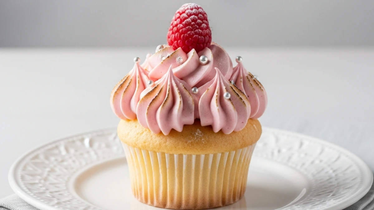 Elegant vanilla cupcake with light pink frosting, a fresh raspberry, silver pearls, and gold-dusted swirls, served on a white plate.