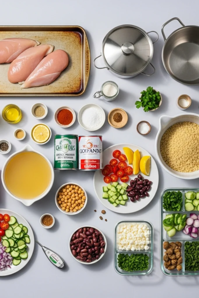 Mediterranean Meal Prep Bowls The Ultimate Guide to 5 Days of 35g Protein Meals 1 Flat lay of raw chicken, quinoa, chickpeas, fresh vegetables, feta, olives, and herbs, alongside spices and cooking tools for meal prep.