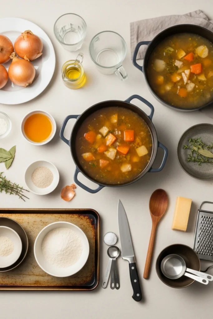 The Ultimate French Onion Soup Recipe 7 Secrets to Authentic Parisian Flavor 1 Elegant flat lay of French onion soup ingredients: yellow onions, herbs, cheese, beef broth, olive oil, and cooking tools.