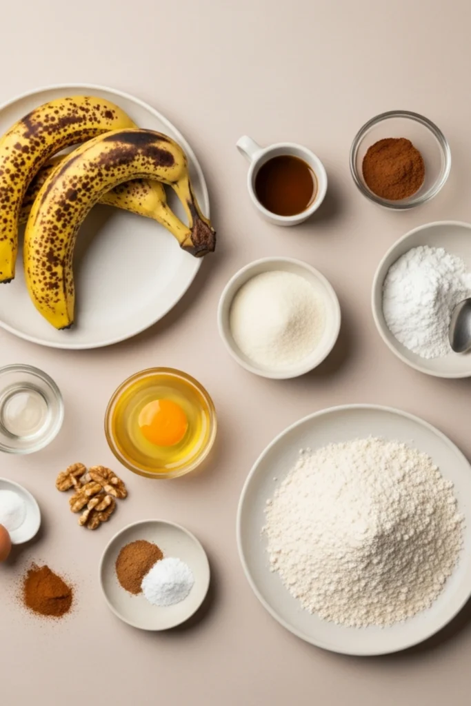 The Ultimate Banana Nut Bread Recipe Moist, Nutty & Perfectly Sweet 1 Elegant flat lay of banana bread ingredients: ripe bananas, flour, sugar, eggs, butter, walnuts, cinnamon, baking soda, and salt.