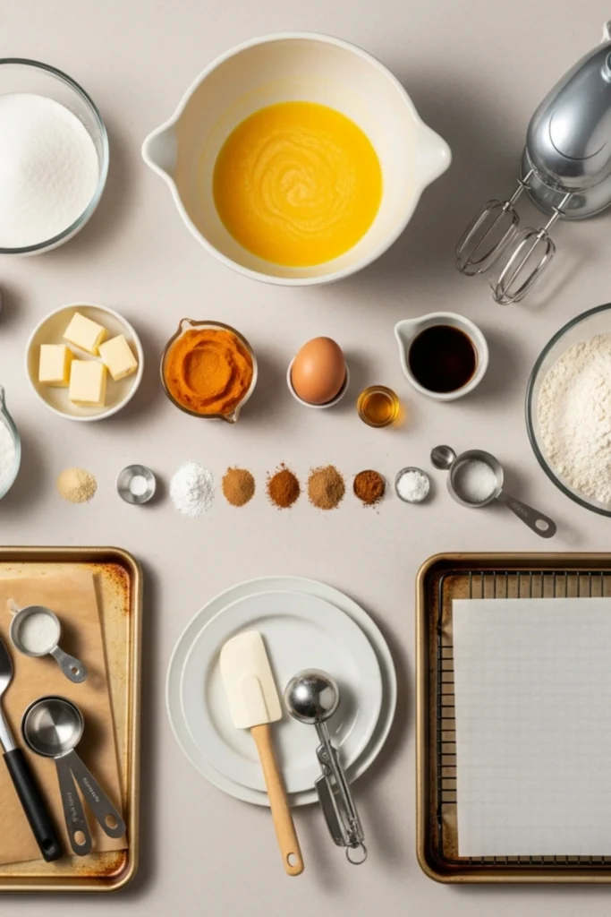 The Ultimate Pumpkin Chocolate Chip Cookies Recipe (Soft & Chewy Every Time) 1 Elegant flat lay of pumpkin cookie baking ingredients and tools, including flour, sugar, pumpkin puree, spices, mixer, and baking sheets.
