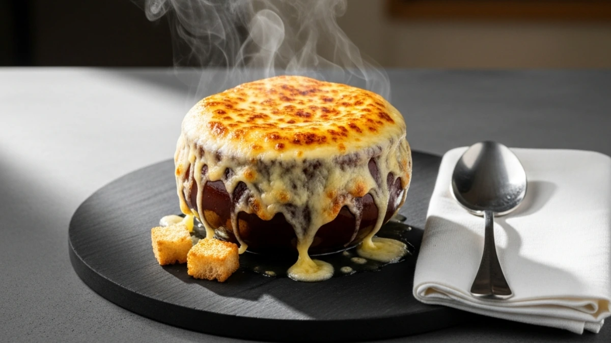 Steaming French onion soup in a rustic ceramic bowl, topped with golden-brown melted Gruyere cheese overflowing, served with croutons and a spoon.