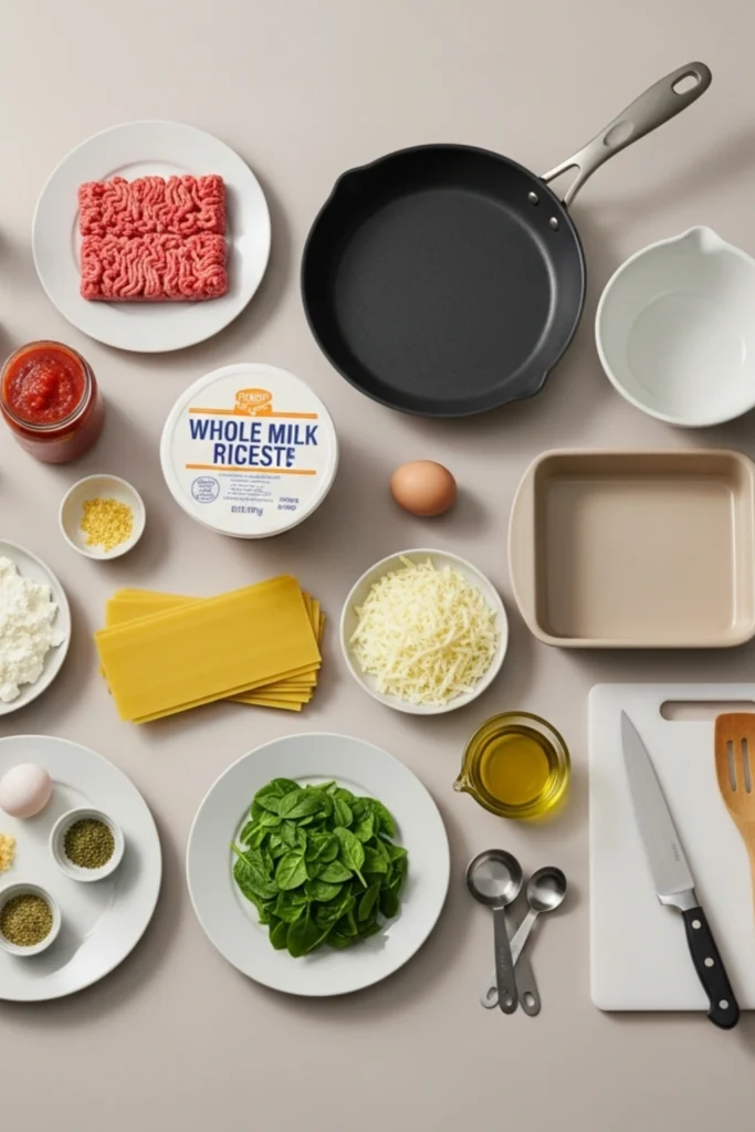 The Ultimate Cheat Lasagna Recipe 30-Minute Comfort Food That Tastes Like It Took Hours 1 Elegant flat lay of premium lasagna ingredients and tools, including ground beef, ricotta, mozzarella, marinara, noodles, and spinach.