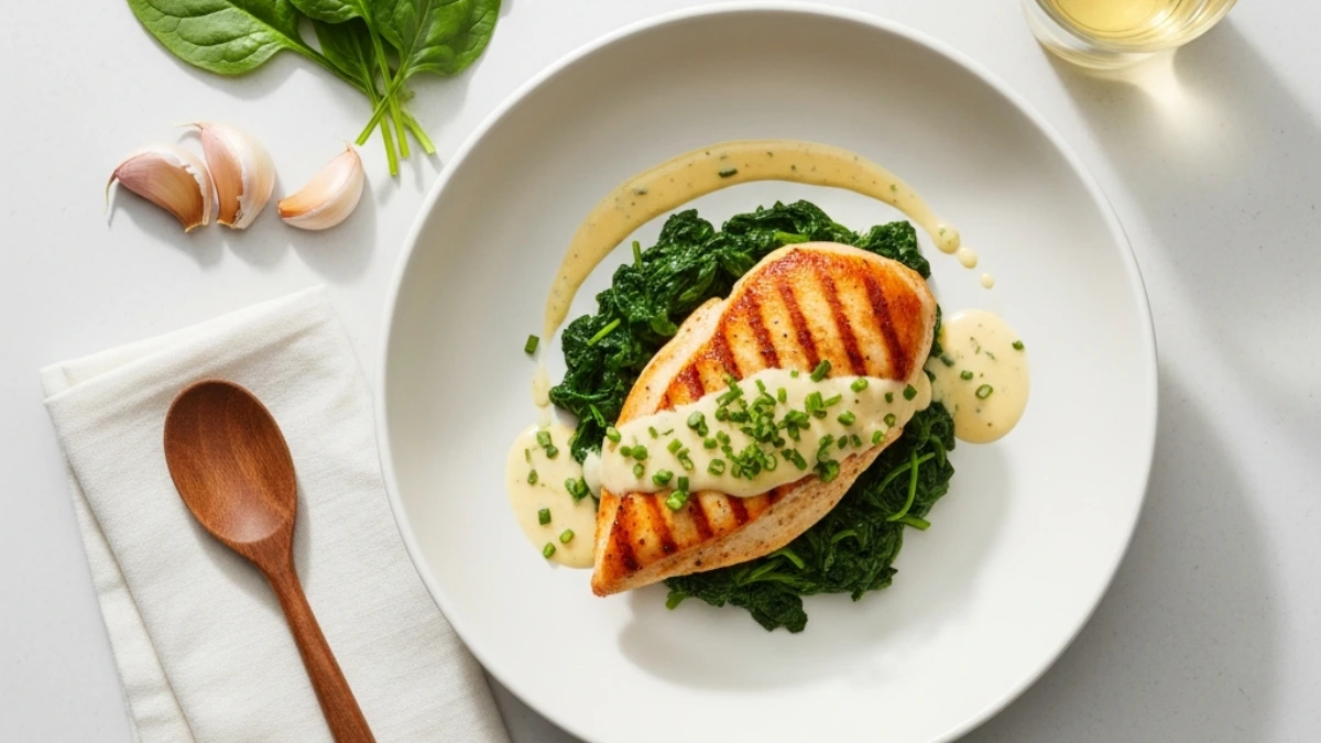 Grilled chicken breast on a bed of sautéed spinach with creamy herb sauce and chives, alongside fresh spinach, garlic, and white wine.