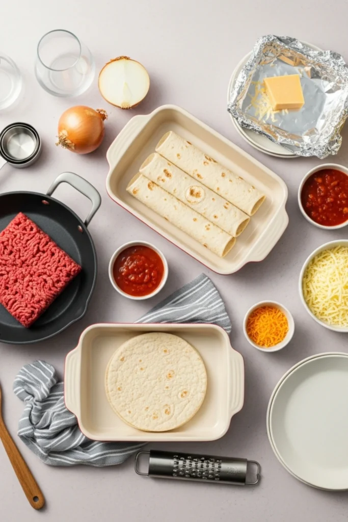 Easy 5 Ingredient Beef Enchiladas in 30 Minutes (Traditional Recipe Simplified) 1 Elegant flat lay of ground beef, flour tortillas, shredded cheese, onions, enchilada sauce, and cooking tools for Mexican enchiladas.
