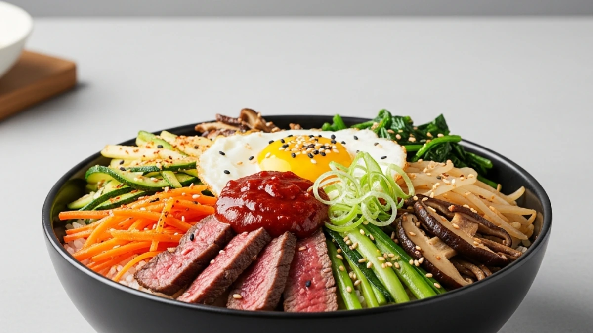 Vibrant Bibimbap bowl with sliced beef, sunny-side-up egg, gochujang, carrots, zucchini, spinach, mushrooms, and bean sprouts on white rice.