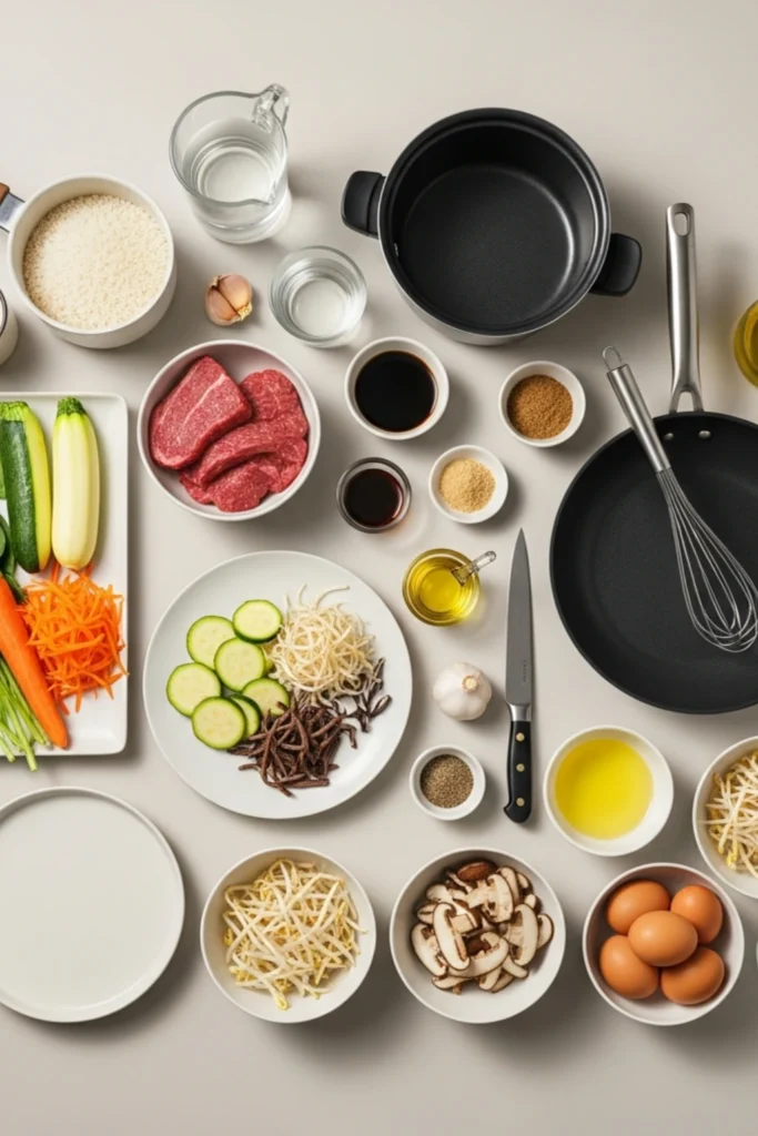 Bibimbap Recipe The Korean Bowl That'll Make You Ditch Your Takeout Habit 2 A beautiful flat lay of bibimbap ingredients and cooking essentials including raw beef, fresh vegetables, rice, sauces, eggs, and cooking pans on a light background.
