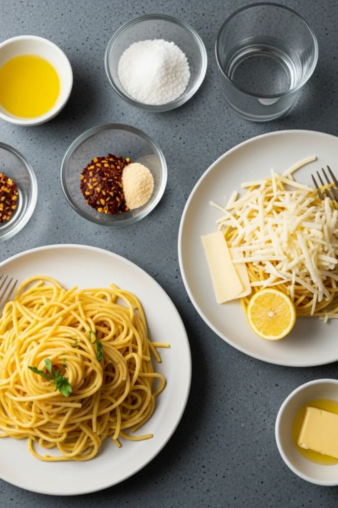 This Easy Pasta Recipe Will Save Your Weeknight Dinners 1 Overhead view of spaghetti pasta and ingredients on a gray counter. Two plates of spaghetti, one with a parsley garnish, the other with shredded cheese, a cheese wedge, and lemon. Bowls of olive oil, salt, water, red pepper flakes, garlic powder, and butter are neatly arranged.