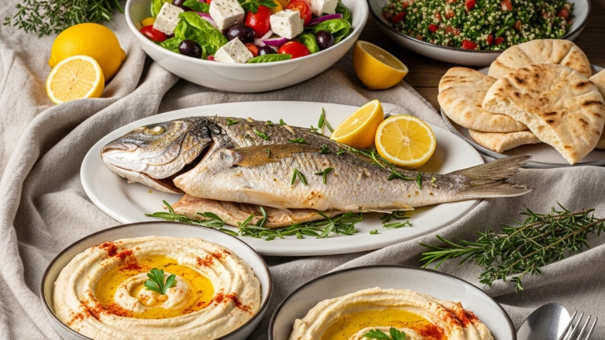 A full Mediterranean meal spread on a wooden table, featuring a whole roasted fish with lemon, Greek salad, tabbouleh, pita bread, and two bowls of hummus, garnished with herbs and fresh lemons.