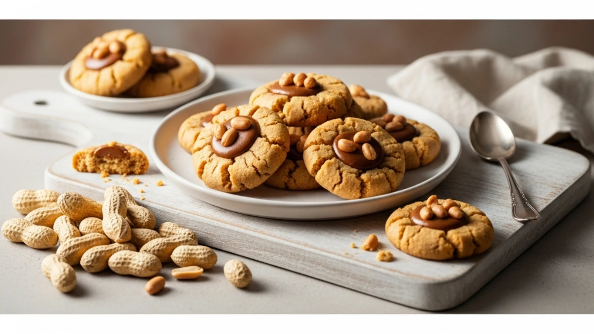 Peanut butter blossom cookies with chocolate centers and whole peanuts, served on a white plate with unshelled peanuts and a spoon.