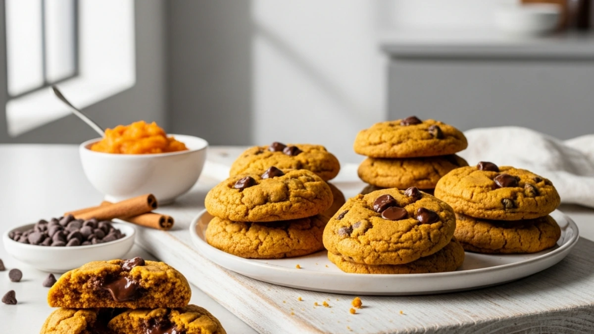 Soft pumpkin chocolate chip cookies on a white board, one broken revealing melted chocolate, with pumpkin puree, chocolate chips, and cinnamon.