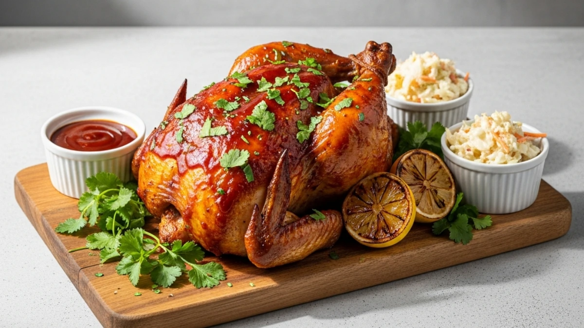 Whole baked BBQ chicken, glistening with glaze and fresh cilantro, served on a wooden board with coleslaw, grilled lemons, and sauce.