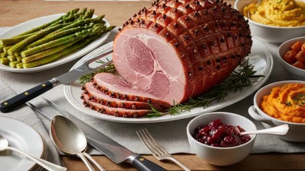 Whole glazed Virginia ham studded with cloves, sliced and served with traditional sides like asparagus, sweet potato mash, and cranberry sauce.