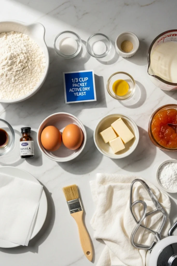 Fluffy Kolaches Recipe That Beats Any Texas Bakery 1 Kolaches recipe ingredients flat lay: flour, yeast, milk, eggs, butter, and apricot jam, neatly organized on a white marble countertop.