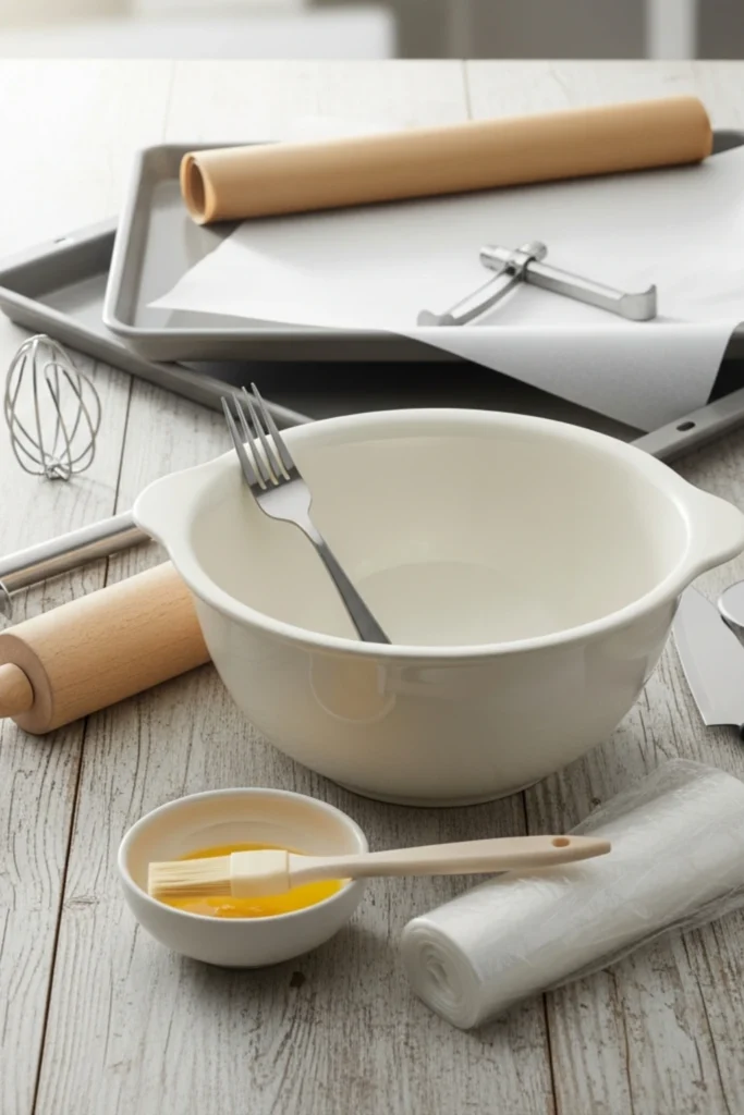 Buttery Upper Peninsula Pasties Recipe (Michigan Comfort Food in 90 Min) 1 Essential baking tools: mixing bowl, rolling pin, pastry cutter, whisk, baking sheets, parchment, egg wash, brush, knife, pizza cutter.