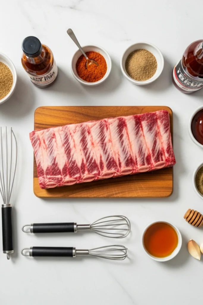 Fall-Off-The-Bone Beef Ribs Recipe in 3 Hours 1 Overhead flat lay of raw beef short ribs, dry rub spices, BBQ sauce, honey, garlic, and cooking tools on white marble.