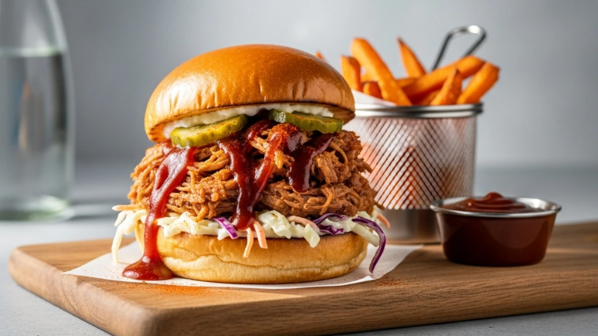 BBQ pulled pork sandwich served on a wooden cutting board with creamy coleslaw, dill pickles, rich sauce drizzle, and sweet potato fries.