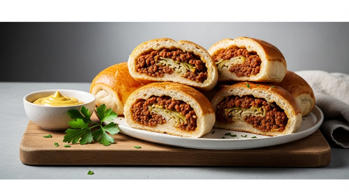 Golden-brown Bierocks (German yeast rolls) stuffed with seasoned ground beef and onions, served on a wooden board with dipping sauce.