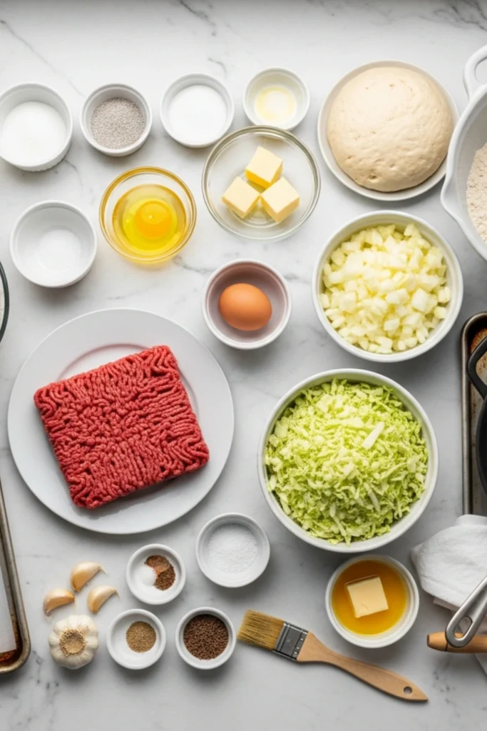 Bierocks Recipe: German Stuffed Bread Pockets That Beat Any Drive-Thru 1 Overhead view of Bierocks ingredients: ground beef, shredded cabbage, flour, yeast dough, onions, spices, and baking tools on marble.