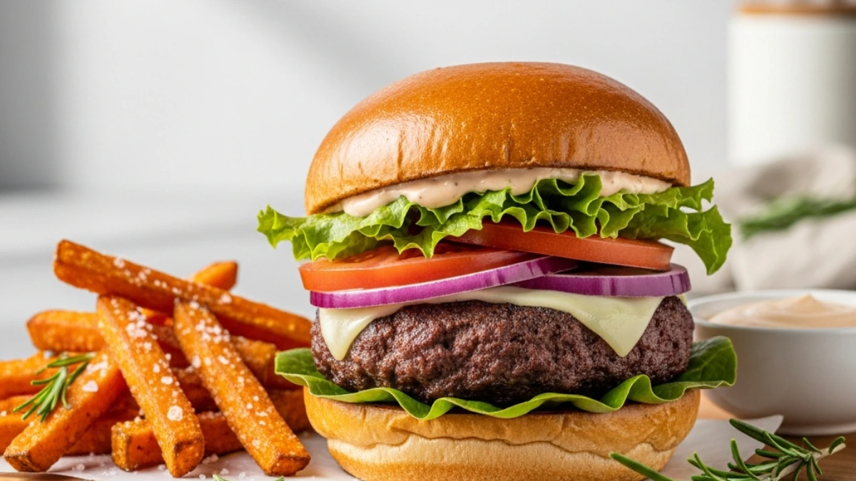 Gourmet bison burger stack with melted Swiss cheese, fresh tomato, red onion, and lettuce, served with crispy sweet potato fries and rosemary.