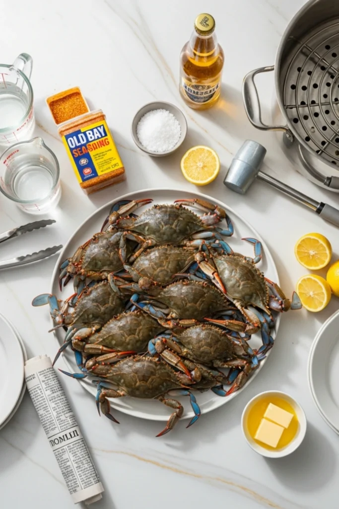 Steamed Blue Crabs Maryland-Style (Done in 30 Min) 1 Flat lay of 12 raw blue crabs on marble counter with Old Bay, beer, lemon, steamer pot, vinegar, melted butter, salt, and tools for steaming.