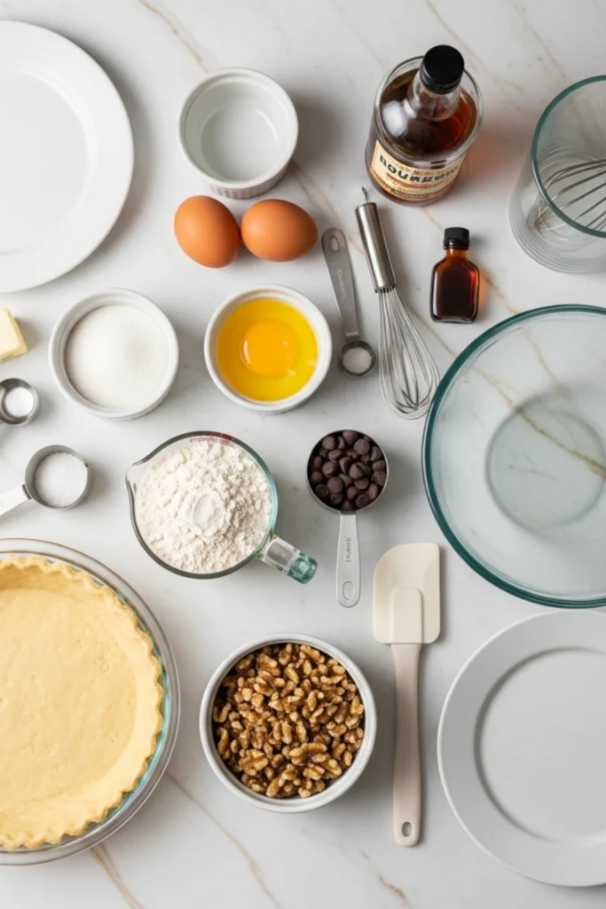 Buttery Derby Pie Recipe Gooey Kentucky Classic in 1 Hour 1 Flat lay of pie ingredients on marble: unbaked crust, chocolate chips, walnuts, eggs, flour, sugar, butter, bourbon, vanilla, salt, and tools.