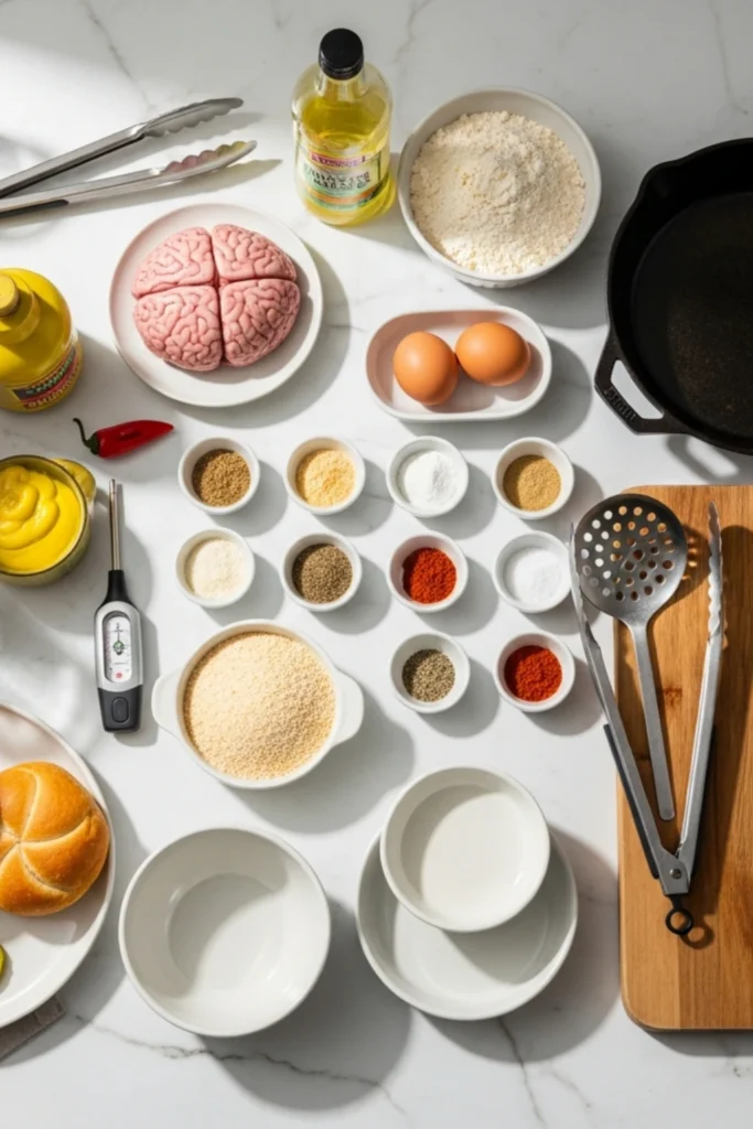 Crispy Homemade Brain Sandwich Recipe (A Rare Midwest Classic) 1 Flat lay of brain sandwich ingredients: raw pork brain, flour, eggs, breadcrumbs, spices, rolls, mustard, pickles, onion, hot sauce, and cooking tools on marble.