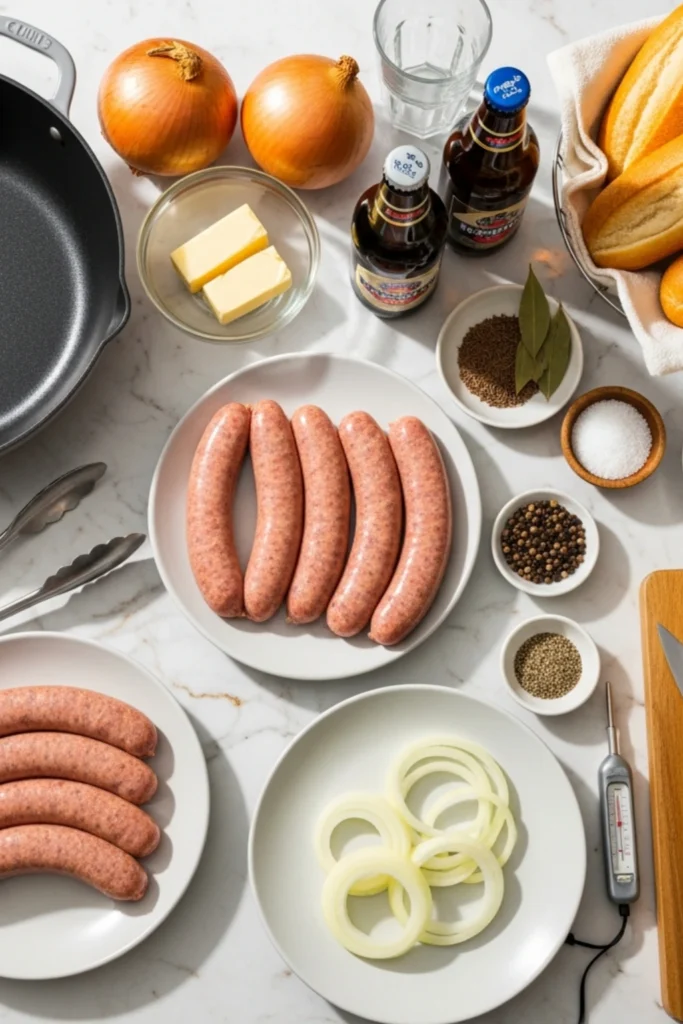 Bratwurst Recipe The German Grilled Sausage You'll Crave All Summer 1 Raw bratwurst sausage ingredients mise en place: onions, beer, mustard, sauerkraut, spices, skillet, and buns on marble counter.