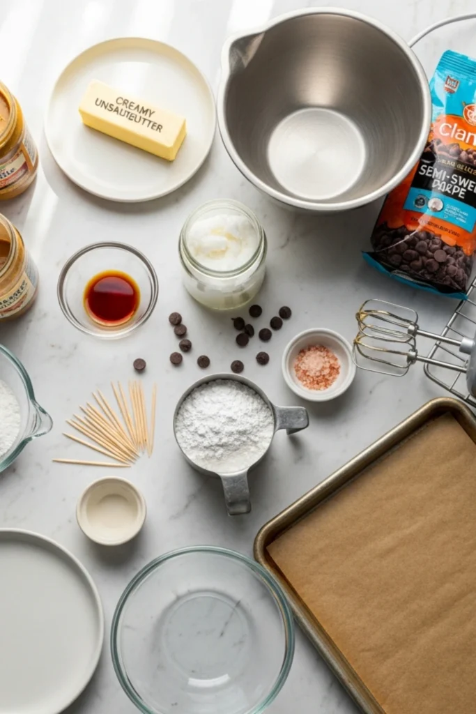 Buckeyes Candy Recipe (Creamy Peanut Butter Balls in 30 Minutes) 1 Flat lay of buckeye candy ingredients (peanut butter, powdered sugar, chocolate chips) and baking tools on a bright marble surface.