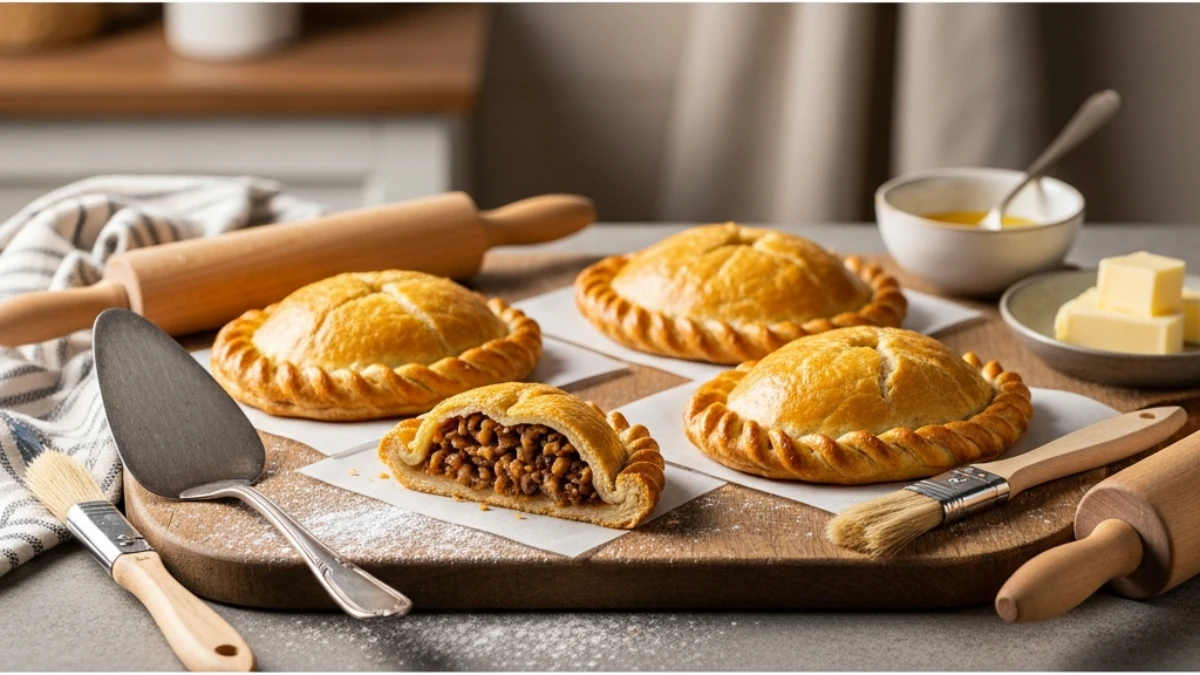 Buttery Upper Peninsula pasties on a board, one cut open to show savory meat filling. Baking tools and ingredients like butter.