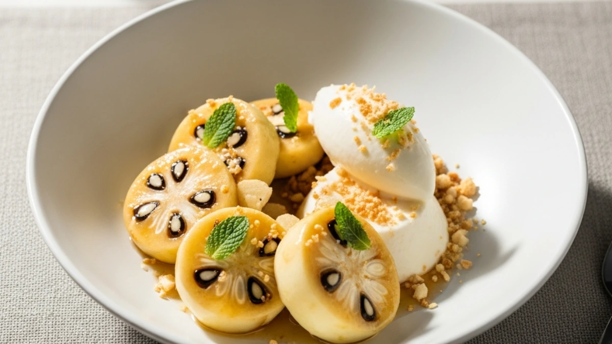 Elegant pawpaw fruit dessert with caramelized slices, black seeds, creamy ice cream, golden crumbs, and fresh mint, served in a white bowl on a light tablecloth.
