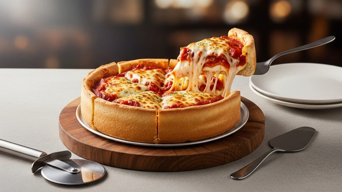 Chicago deep-dish pizza with rich tomato sauce and bubbling mozzarella cheese on a wooden board. Serving spatula lifts a slice with huge cheese pull.
