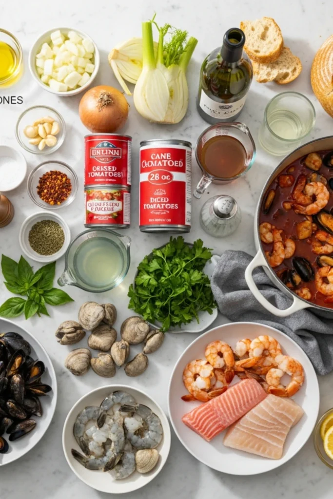 Restaurant-Style Cioppino Recipe in 45 Minutes 1 Cioppino stew ingredients flat lay. Raw seafood (mussels, clams, shrimp, crab, cod), tomatoes, fennel, garlic, wine, and a Dutch oven filled with finished stew on marble.