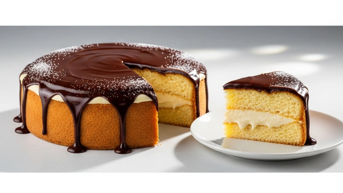 Delicious Boston cream pie with shiny chocolate ganache dripping down the vanilla cake layers, revealing thick custard filling.