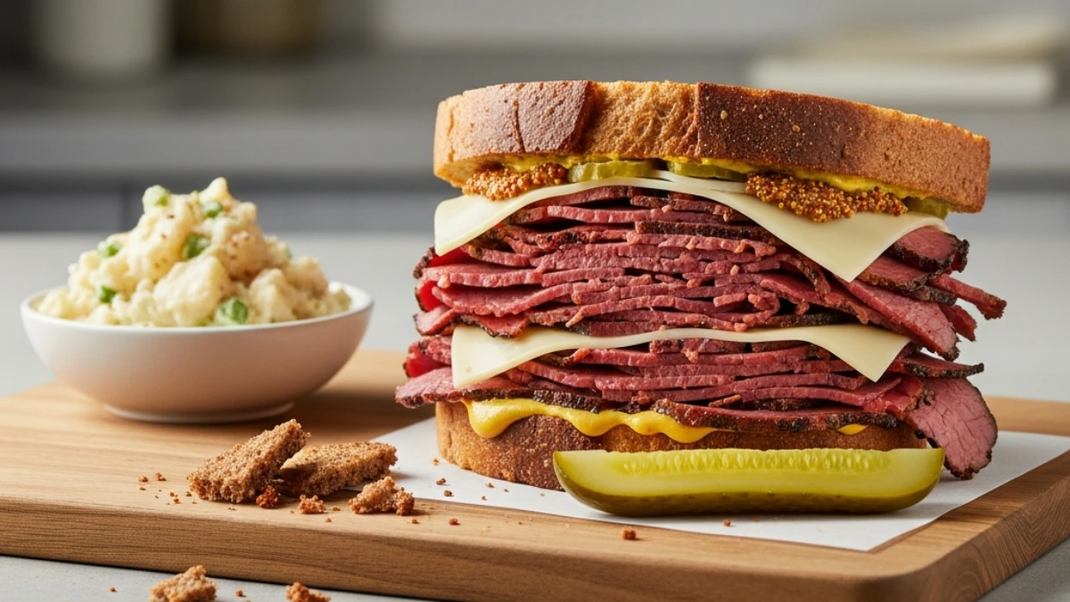 Deli-style pastrami sandwich stacked high with Swiss cheese, grainy mustard, and a pickle spear, next to a bowl of potato salad.