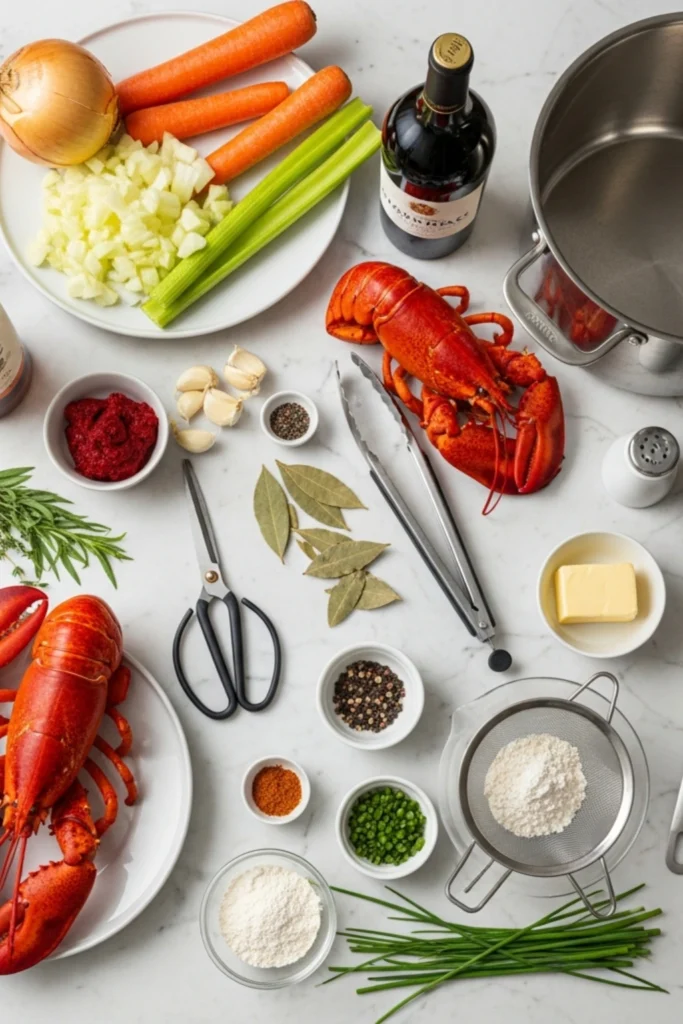 Velvety Lobster Bisque Recipe in 90 Minutes 1 Top-down mise en place of ingredients and tools for classic lobster bisque: whole lobsters, cognac, mirepoix, fresh herbs, flour, and stockpot on white marble.