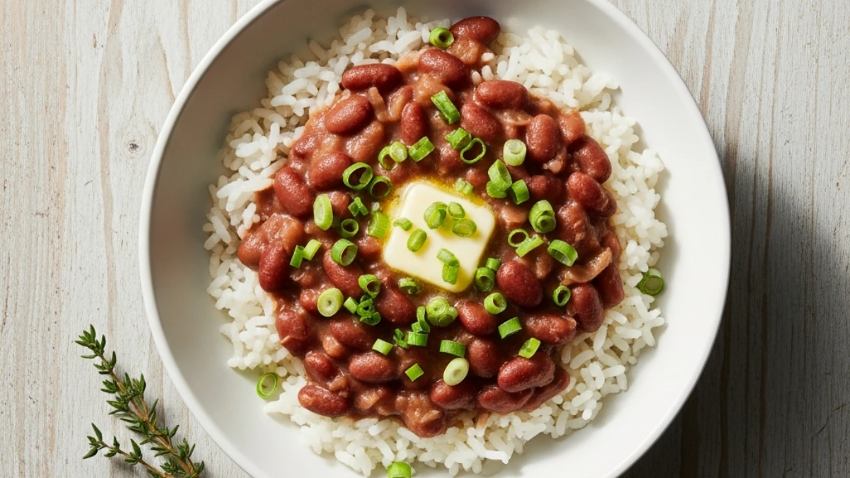 Overhead shot of Louisiana Red Beans and Rice in a white bowl, garnished with green onions and a square pat of butter, resting on rustic wood.