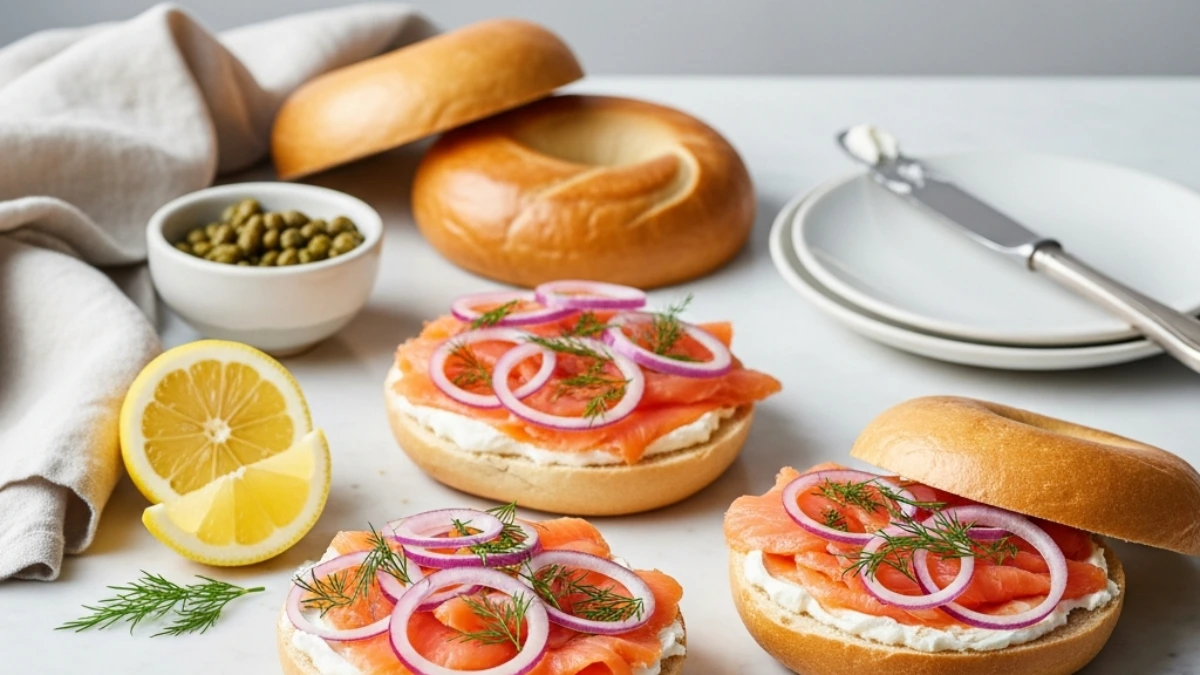 Wide shot of three New York bagels topped with lox, cream cheese, red onion, and fresh dill. Includes capers, lemon, and salt.