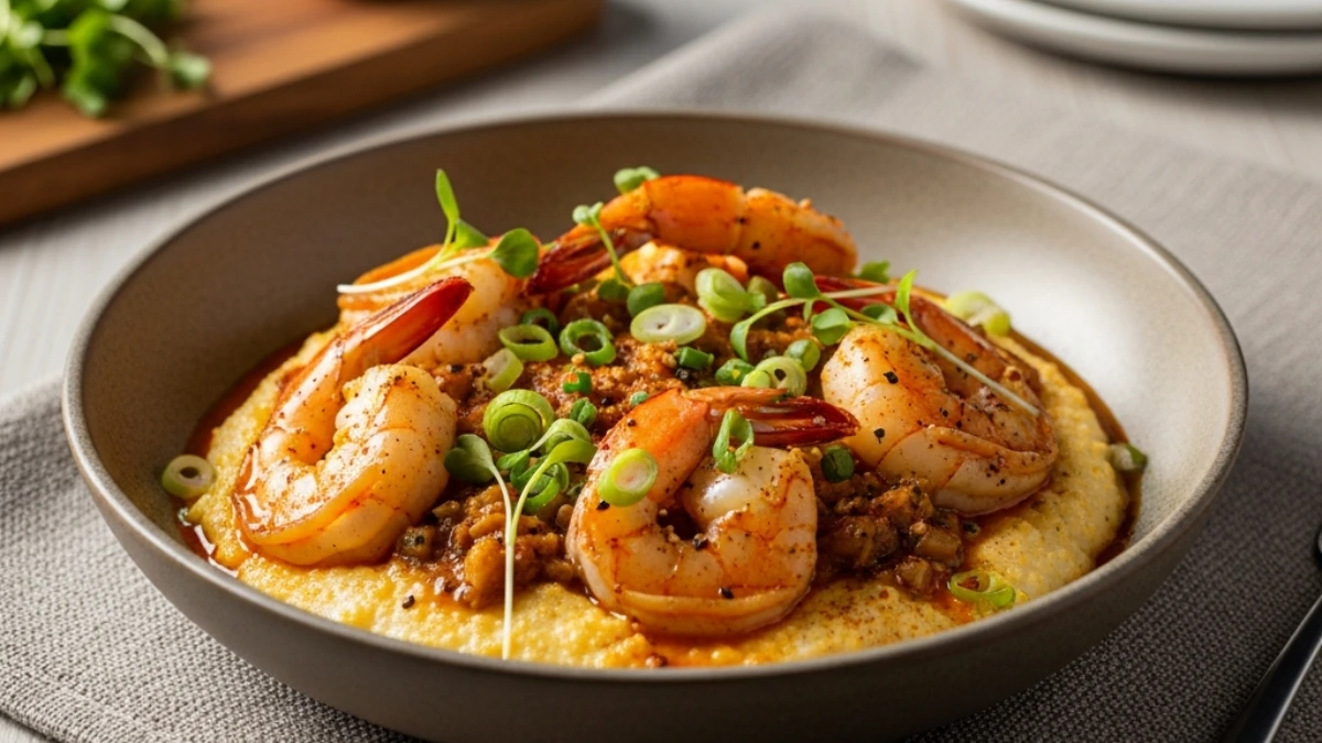 Wide shot of creamy yellow grits topped with four plump sautéed shrimp, a rich chorizo sauce, and fresh green onion garnish in a modern gray bowl.